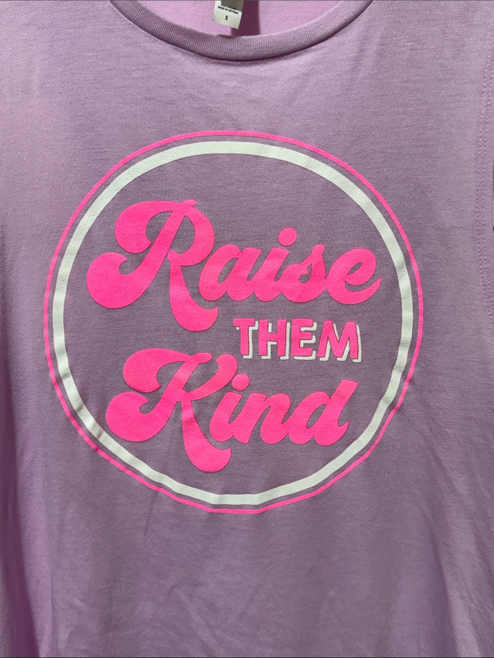 Bella Canvas Lavender Muscle Tank with Hot Pink 'Raise Them Kind' Graphic - Picture 3 of 4
